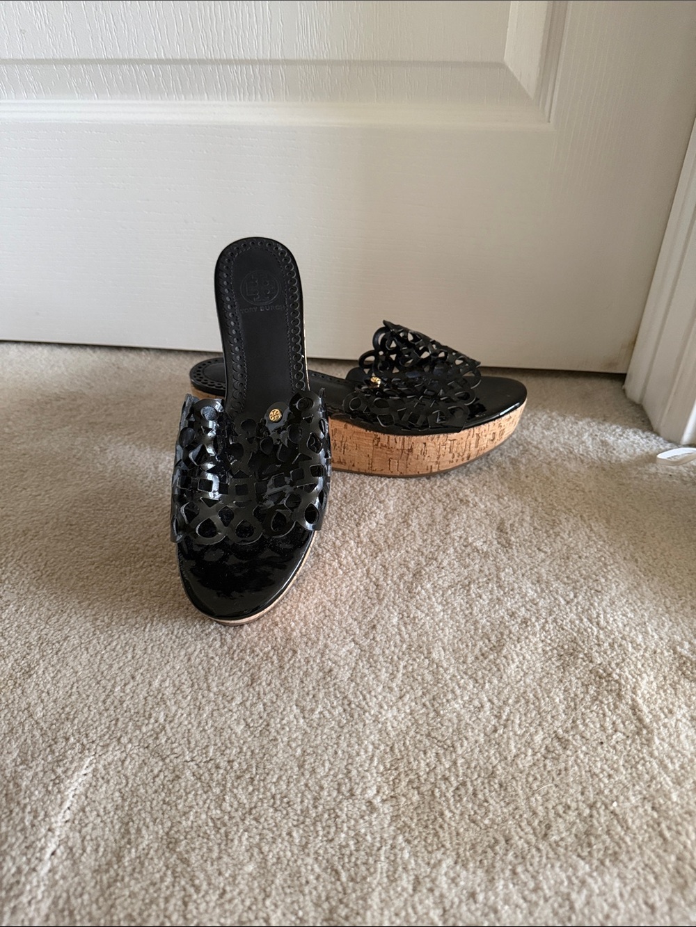 Tory Burch Black Patent Laser-Cut Cork Wedge Slides